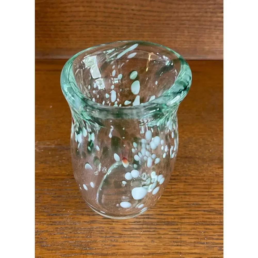 Art Glass Hand Blown Heavy Glass Vase Green & White Swirl 4